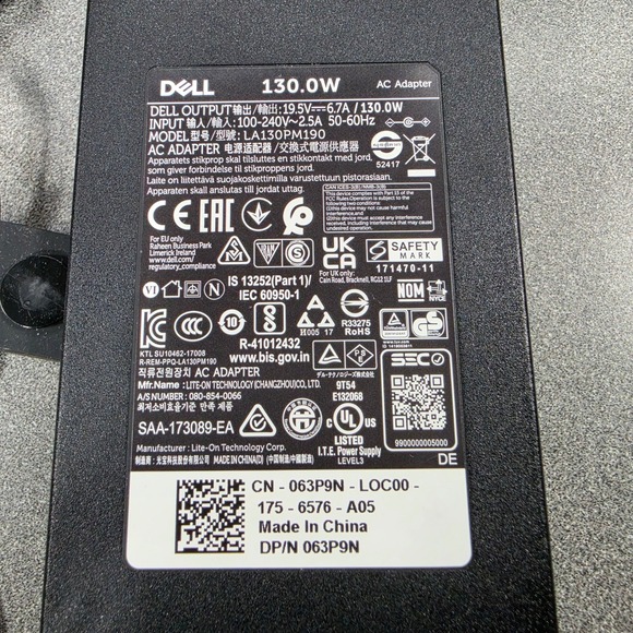 Dell Other - Dell AC Adapter Laptop Charger 130W Black Excellent LA130PM190 063P9N 19.5V 6.7A
